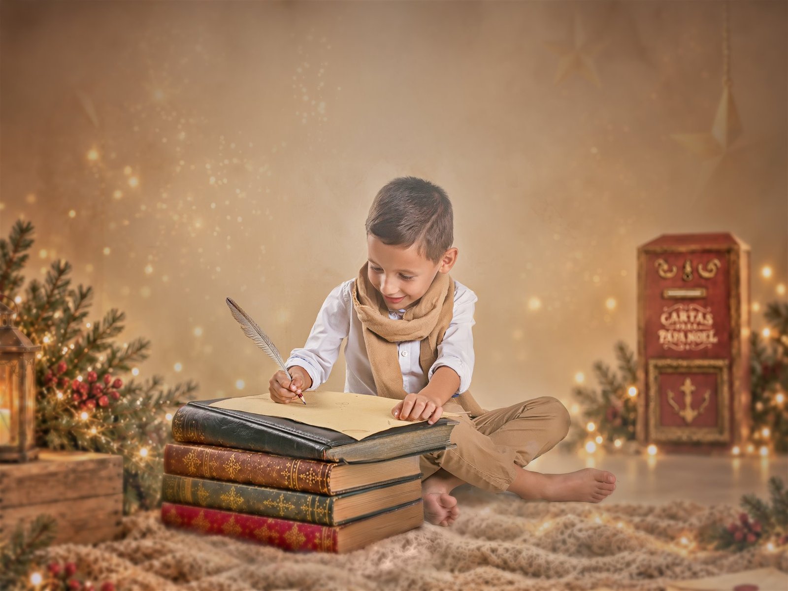 Niño escribiendo su carta sobre unos libros en el Buzón Mágico